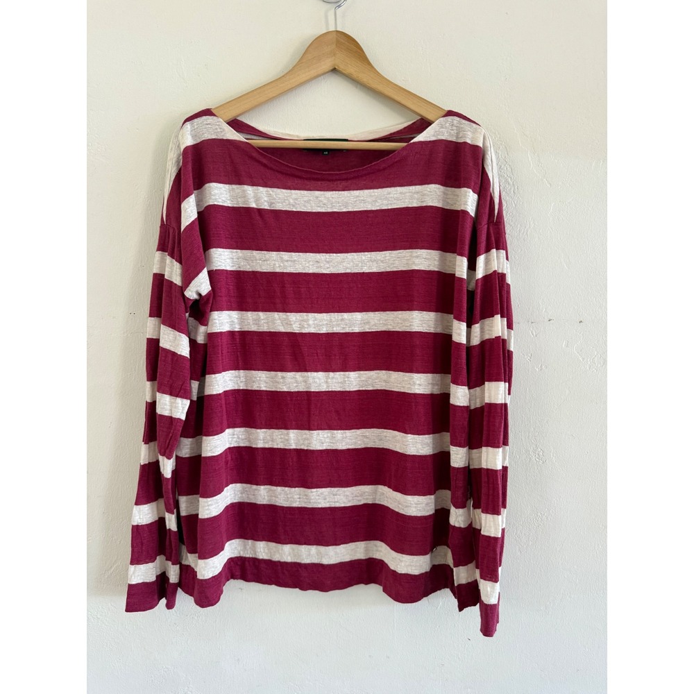 Loro Piana Burgundy White Striped 100% Linen Boat Neck Top Italy Size 48